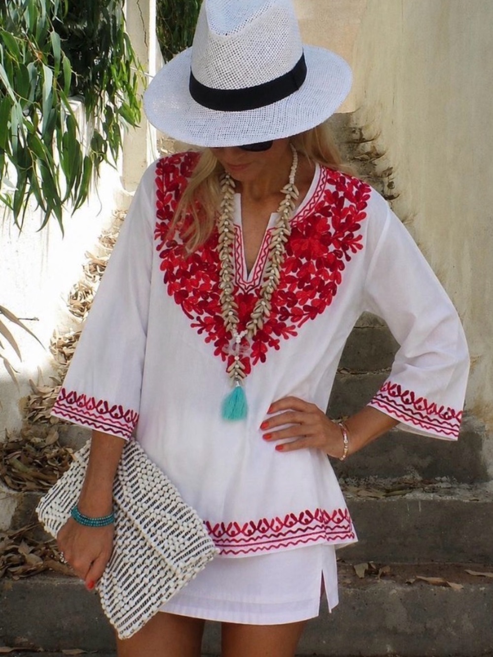 IBIZA Hand made white tunic top with Red Embroidered Yoke